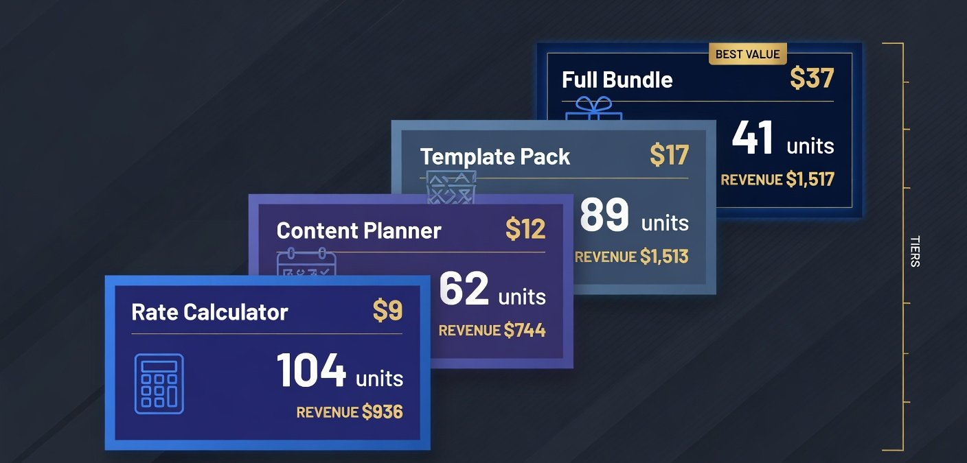 Four-product digital product stack showing pricing tiers and units sold on Threads