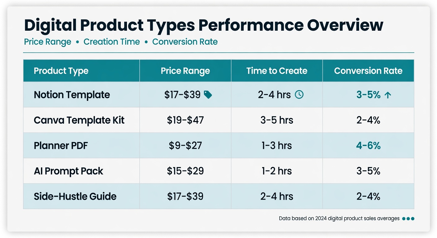 Data table of digital product types with prices, creation time, and conversion rates