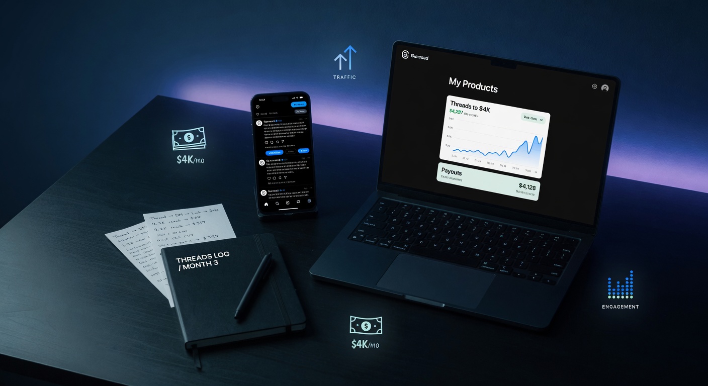 Phone displaying Threads app next to a laptop showing a Gumroad digital product store