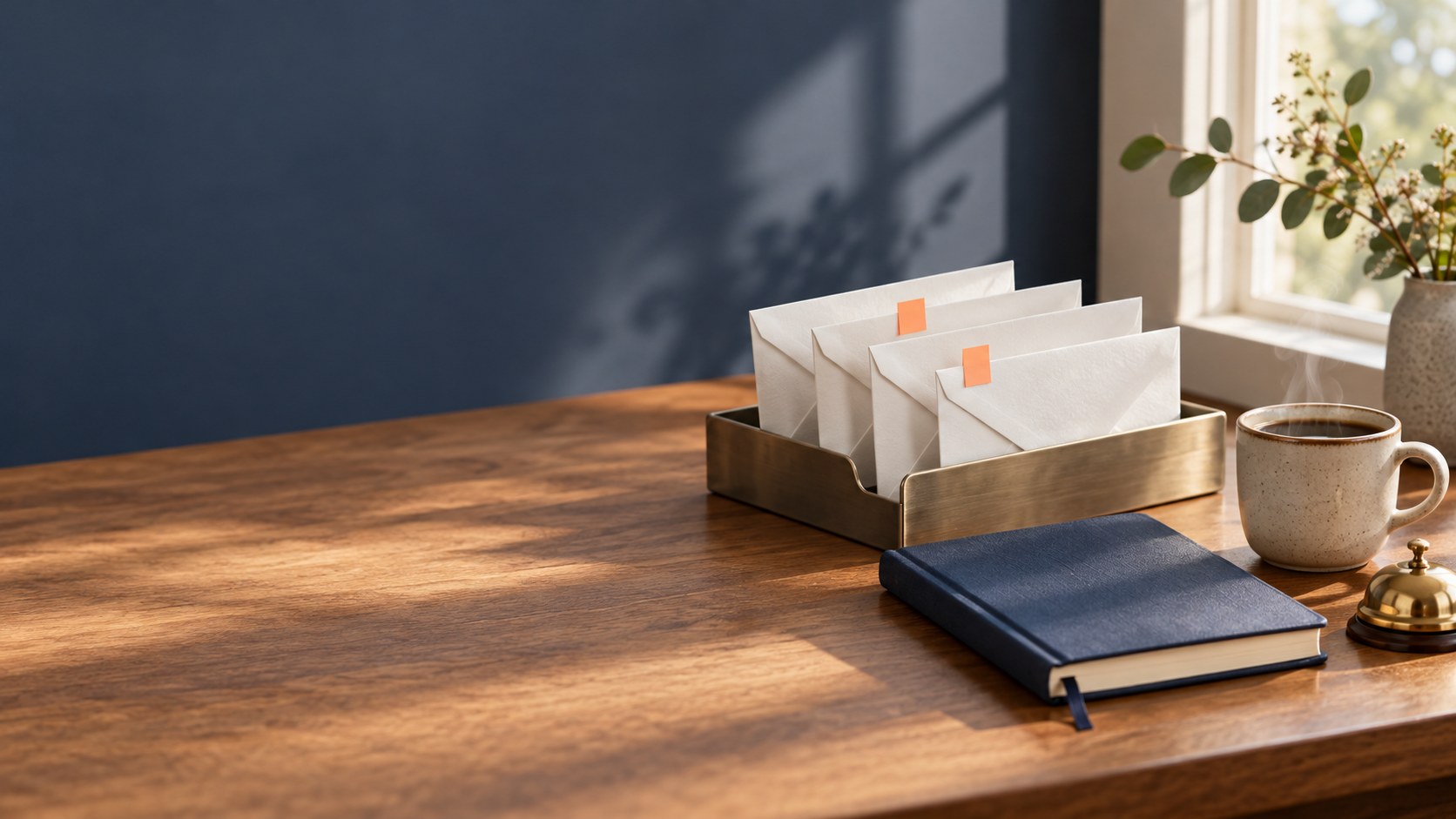 A desk with an inbox tray holding a few flagged letters, next to a notebook and coffee cup