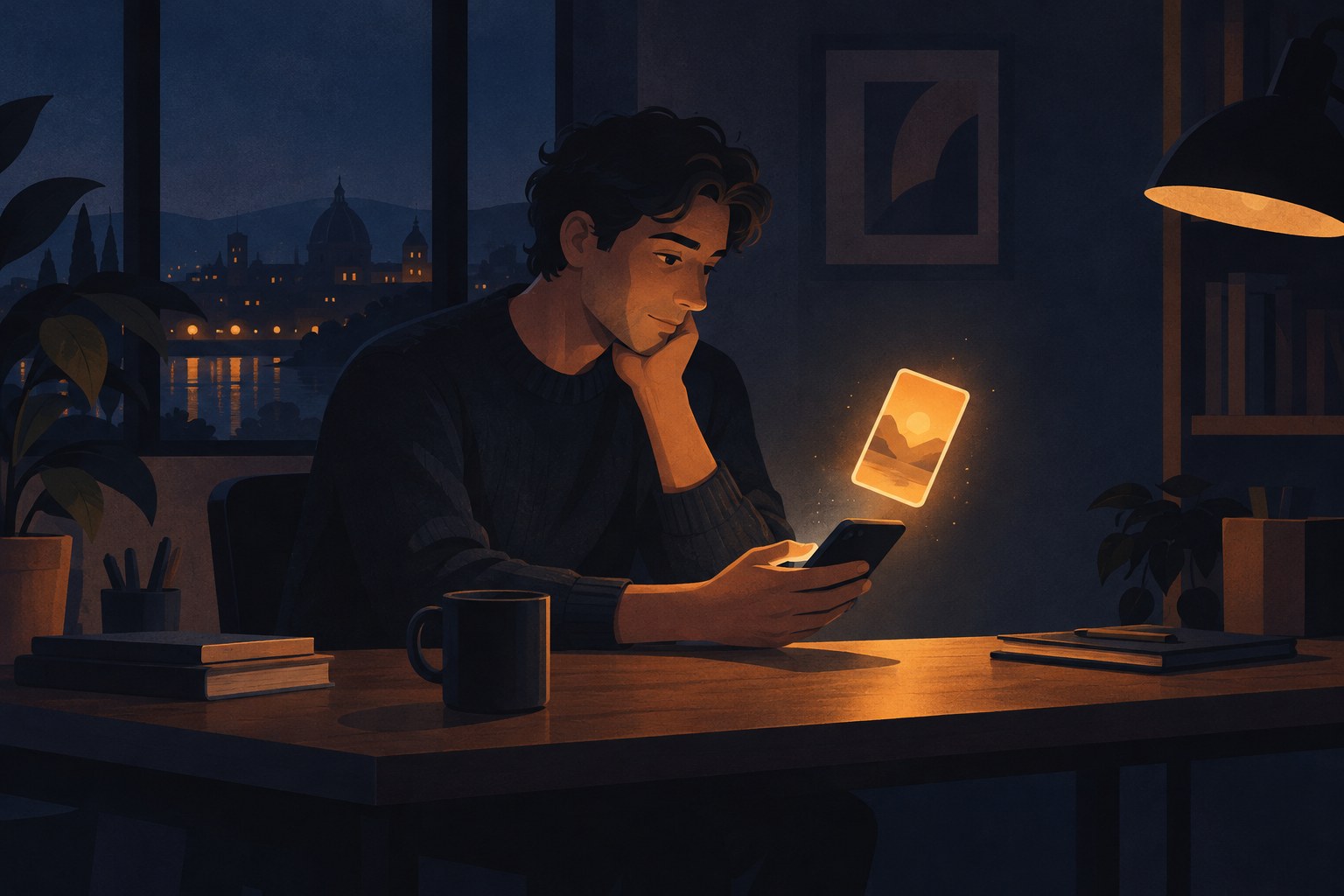 A creator sitting alone with a phone at night, calmly inspecting a single glowing notification card
