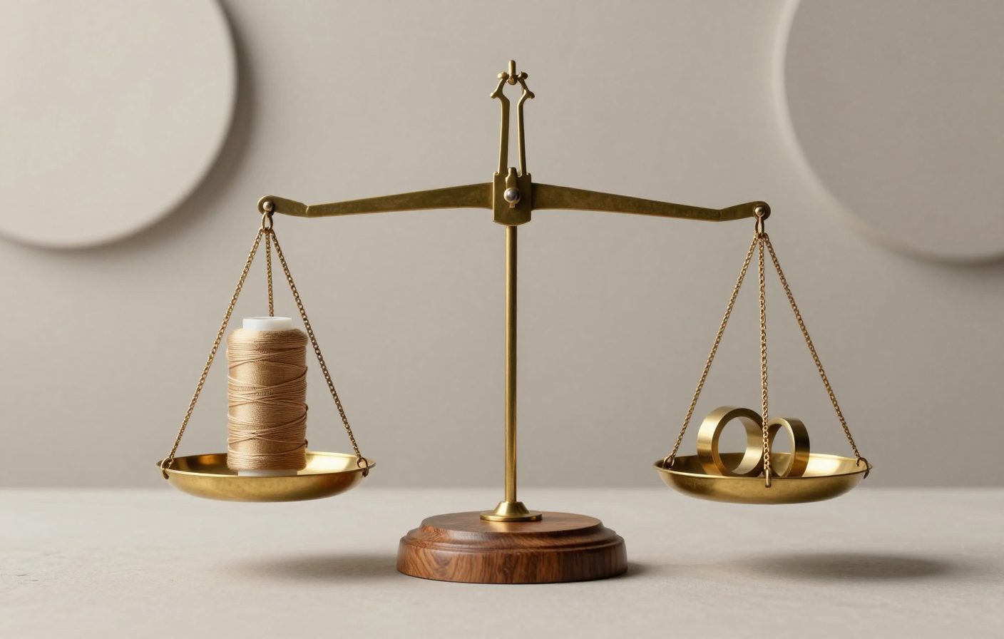 Brass balance scale with solid objects and feathers