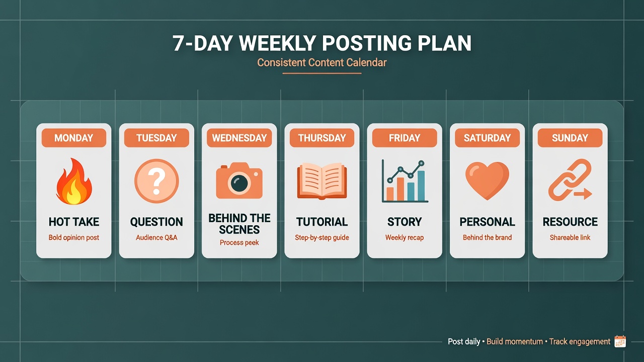 Seven day Threads posting plan grid showing content pillars for each day of the week
