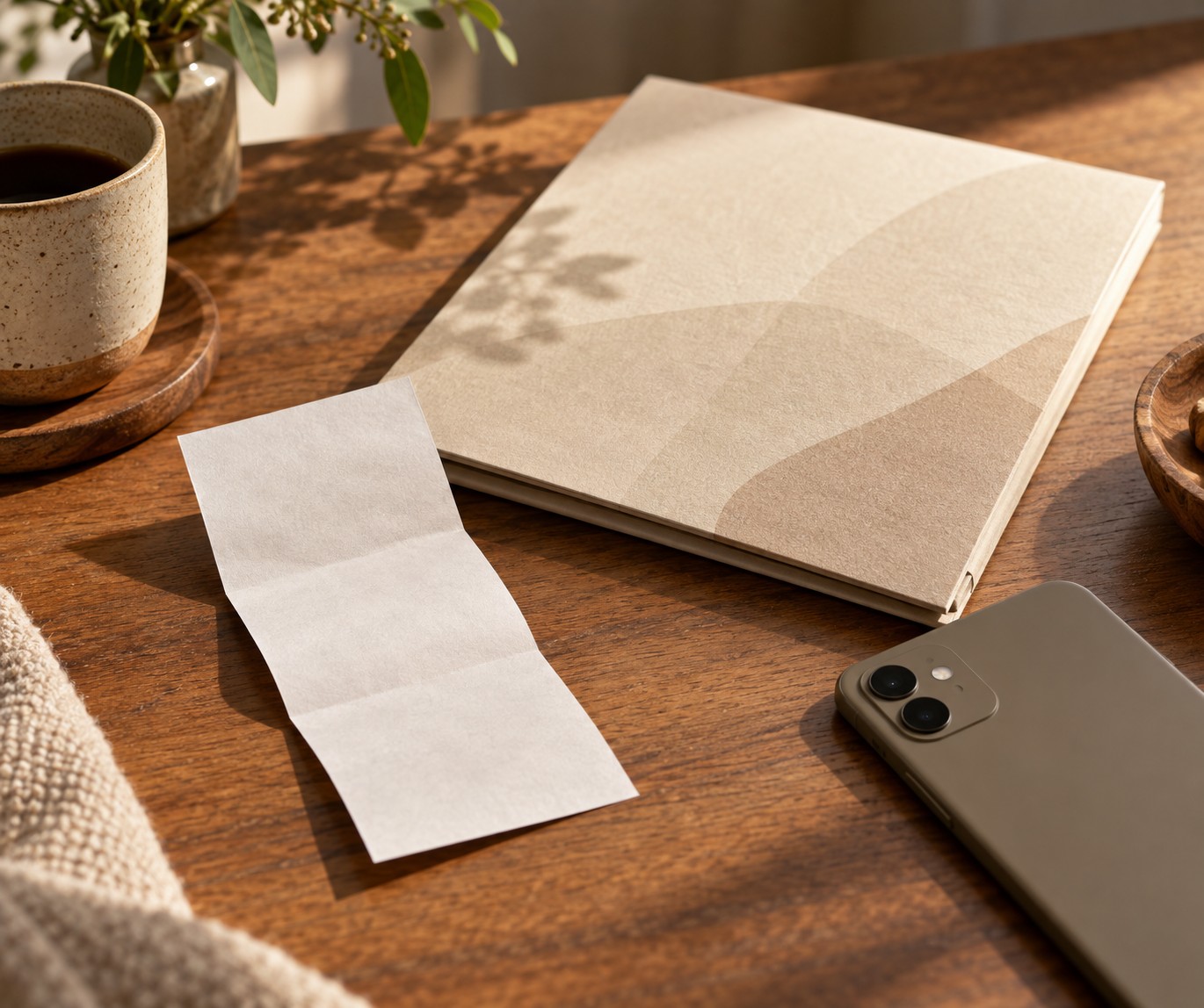 A paper receipt beside a phone and a folded printed pack, no logos and no invented dollar amounts