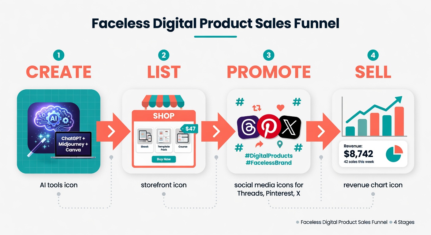 Faceless digital product sales funnel showing create, list, promote, and sell stages