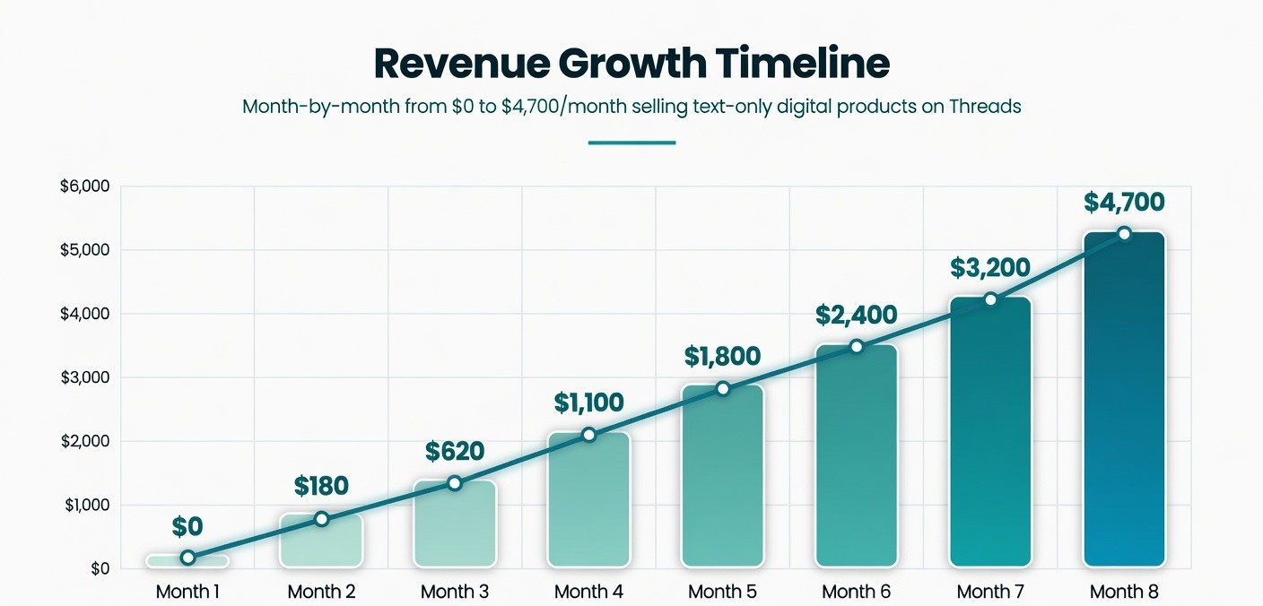Monthly revenue growth chart from $0 to $4,700 selling text-only digital products on Threads