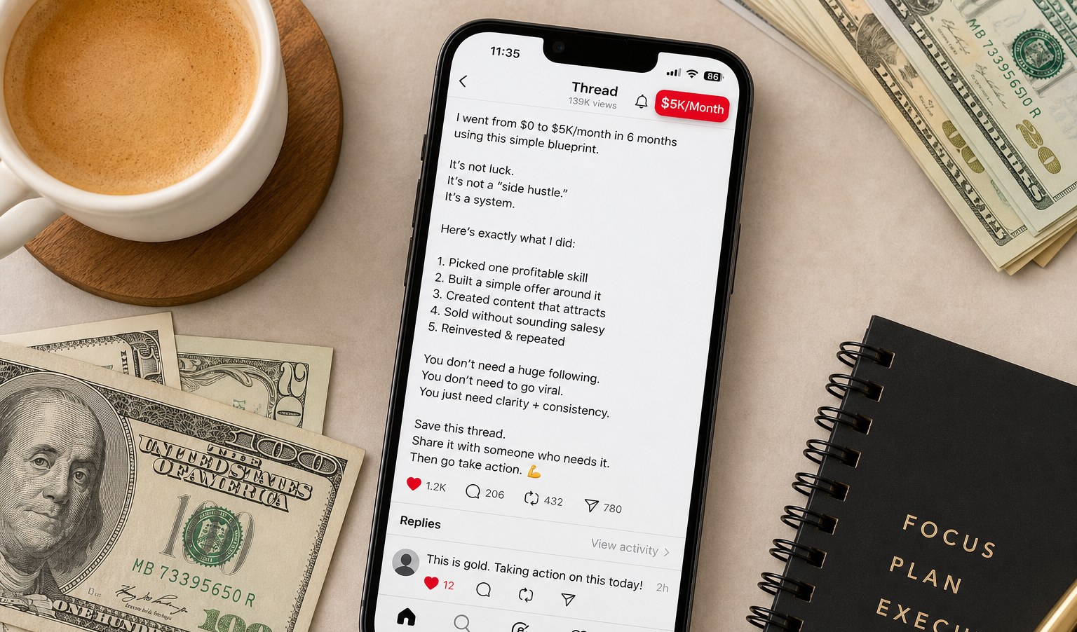 Smartphone showing Threads app with high engagement text posts surrounded by cash and coffee on desk