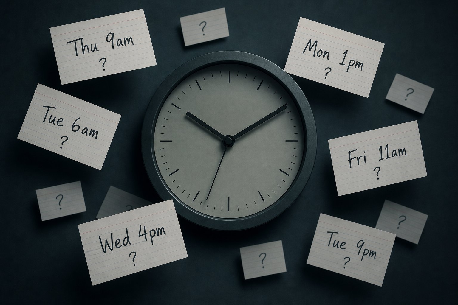 A wall clock surrounded by scattered index cards showing conflicting best-time-to-post suggestions, illustrating why universal posting hours are unreliable.