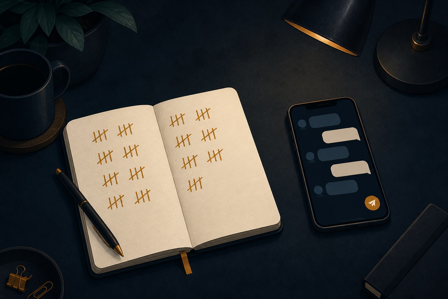 A review notebook beside a phone showing reply, save, and link tallies recorded per post