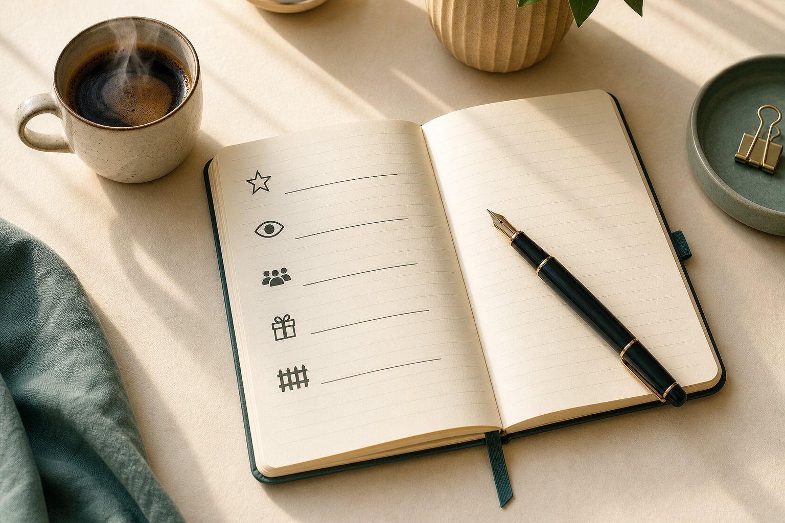 A workspace with an open notebook showing a personal brand identity canvas, a pen, and a coffee cup on a clean desk