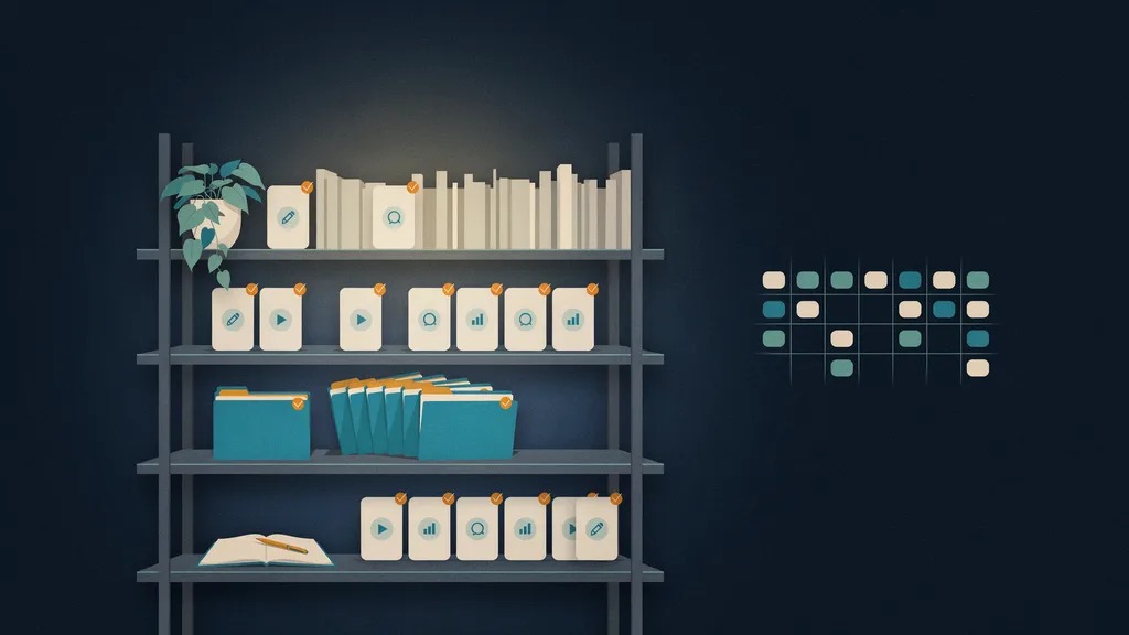 A library of evergreen content posts organized on shelves with calendar scheduling cards