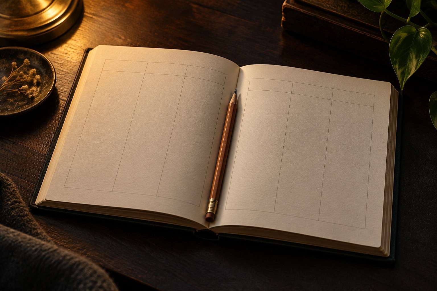 An open journal page with a simple three-column pitch log drawn in pencil columns, blank rows