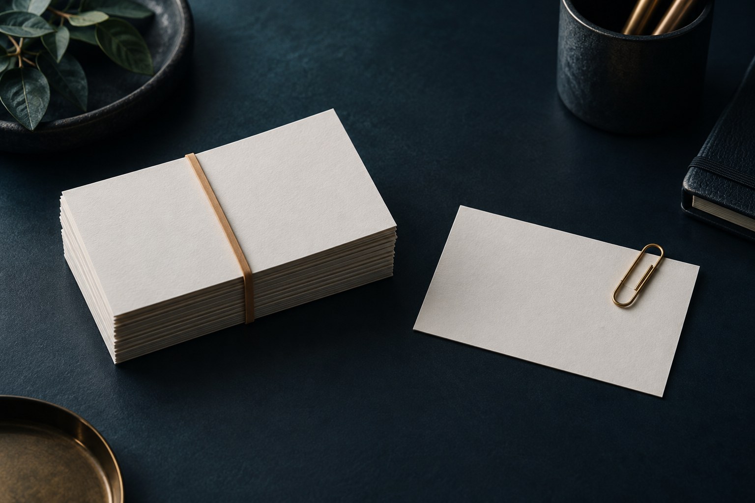 Two plain index cards on a desk, one in a stack of identical cards, one set apart on its own