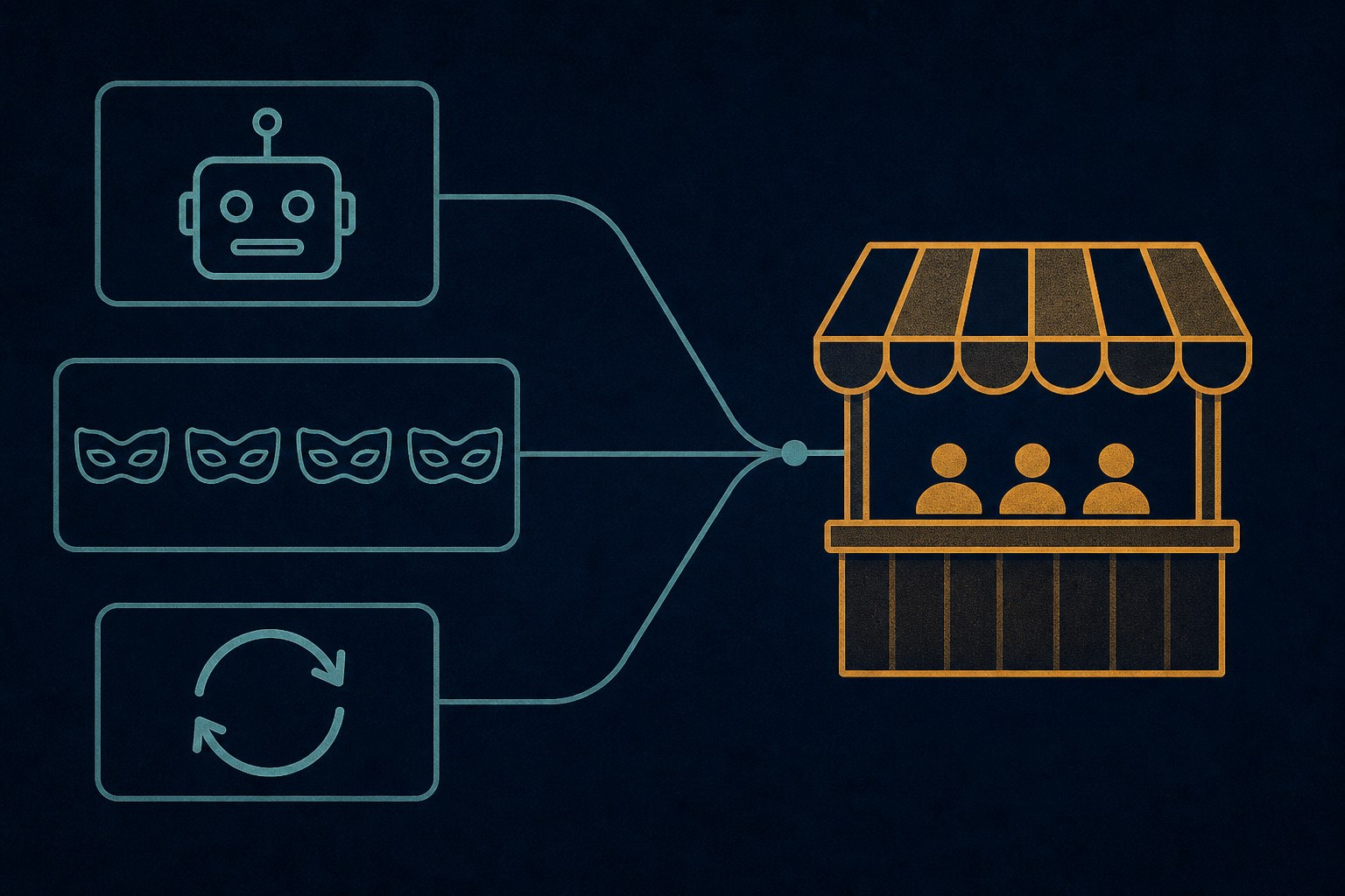 Framework diagram of three channels feeding a single follower marketplace box: bot accounts, sock-puppet accounts, and follow churn
