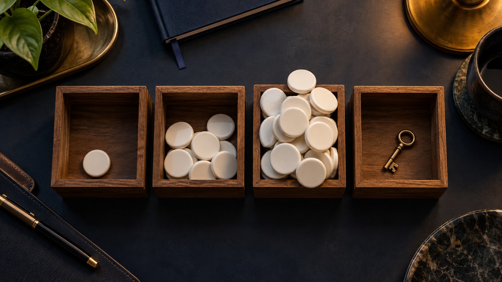 Four labeled bins on a desk sorting coins into different metering patterns