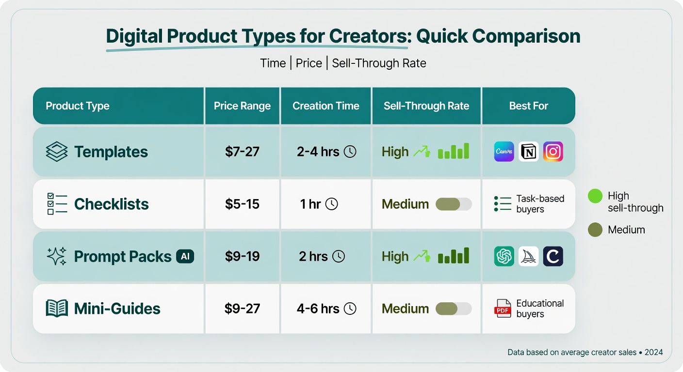Comparison table of digital product types showing templates, checklists, prompt packs and mini guides with prices