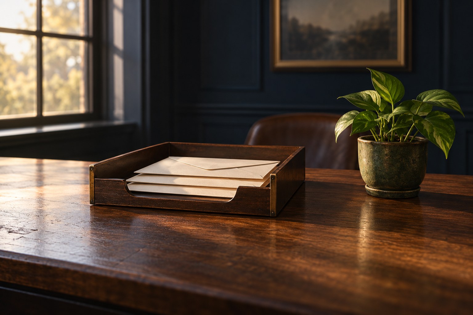 A tidy inbox tray holding three letters and one green plant, everything else cleared away