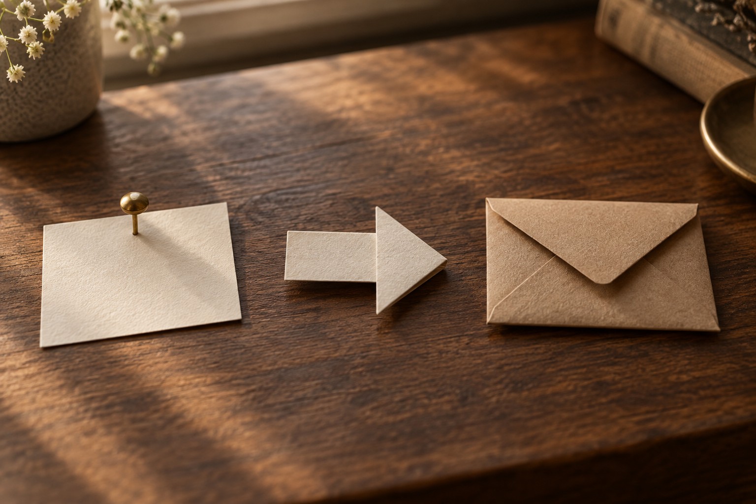 Three physical paths on a desk: a pin on a card, a paper arrow, and a small envelope, suggesting bio, post, and reply link placement
