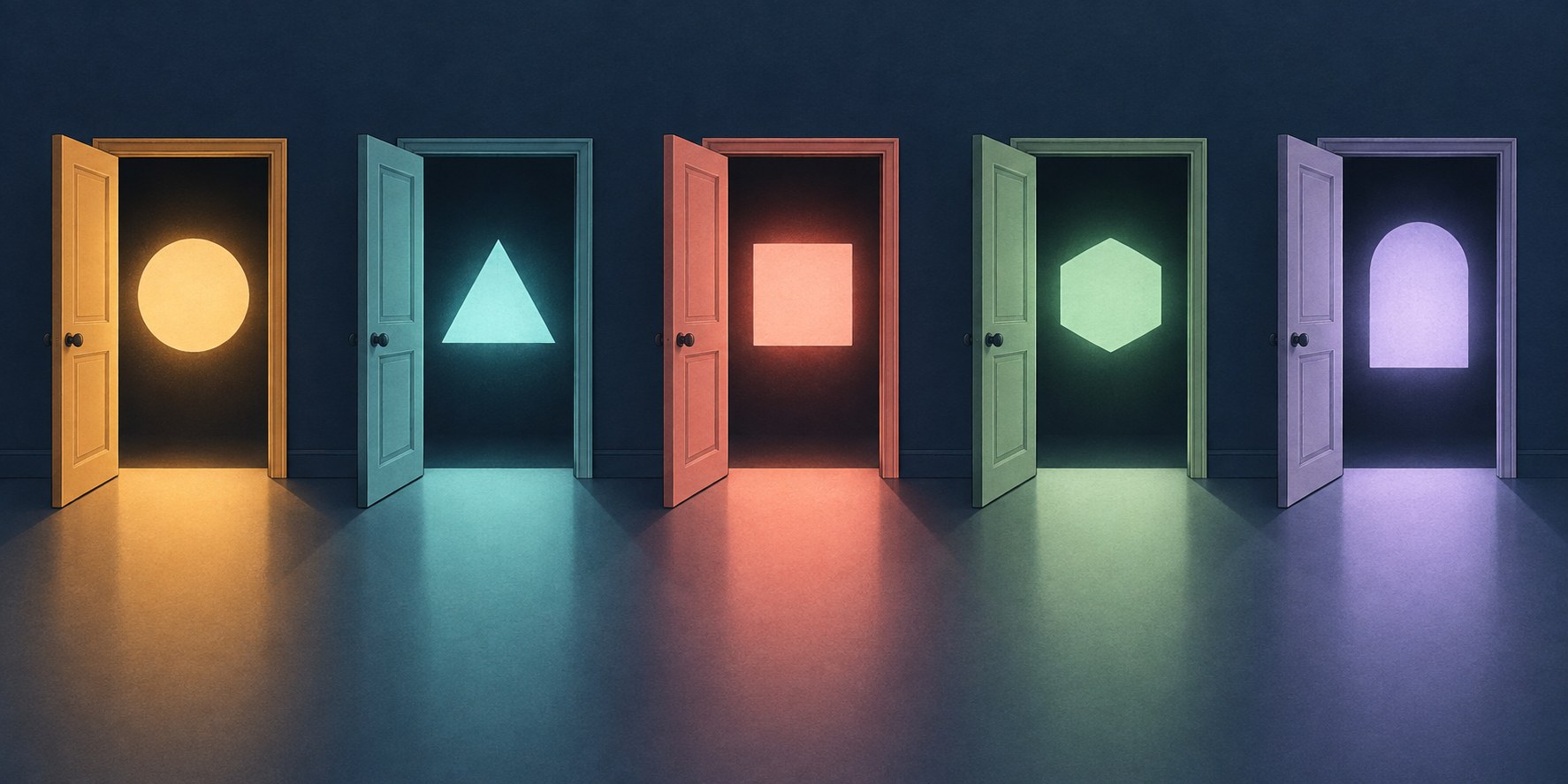 Five doors in a row, each opening onto a different simple geometric shape