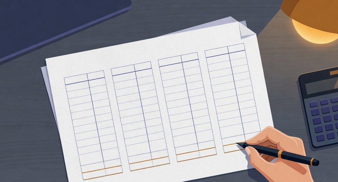 A paper worksheet with cost columns being totaled by hand, a calculator resting beside it