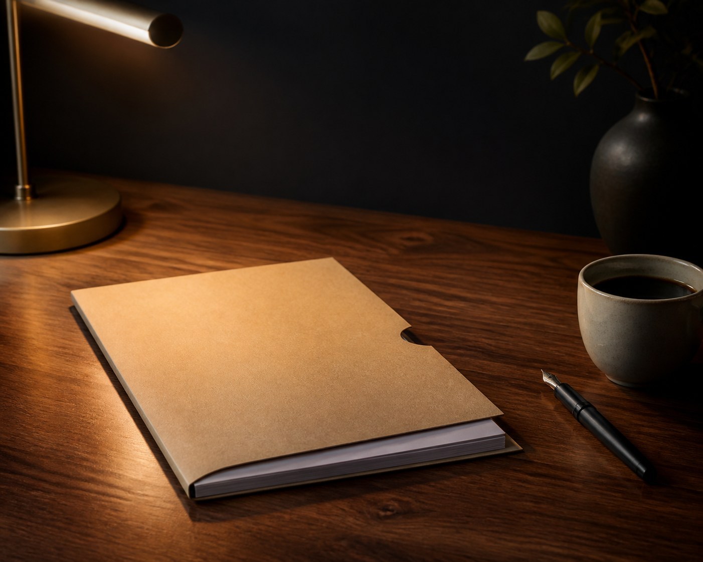 A closed monthly report document resting on a desk beside a pen and a coffee cup, warm lamplight, no visible text