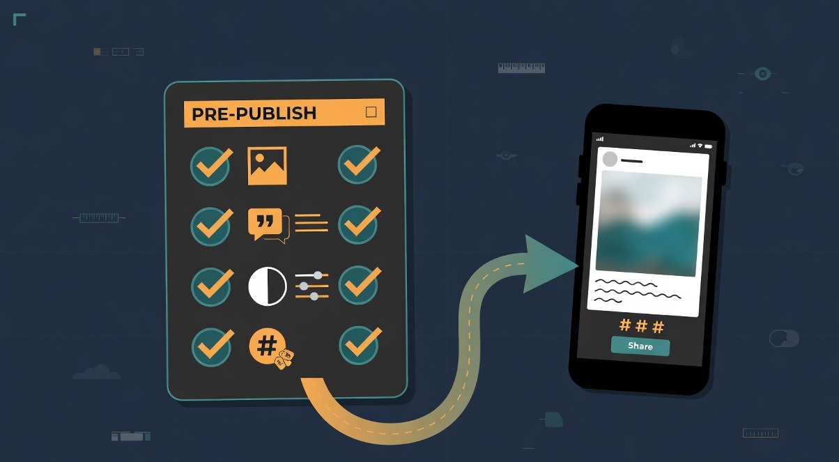 A clean editorial illustration of a pre-publish checklist card floating beside a phone, with checkmarks moving down a short list