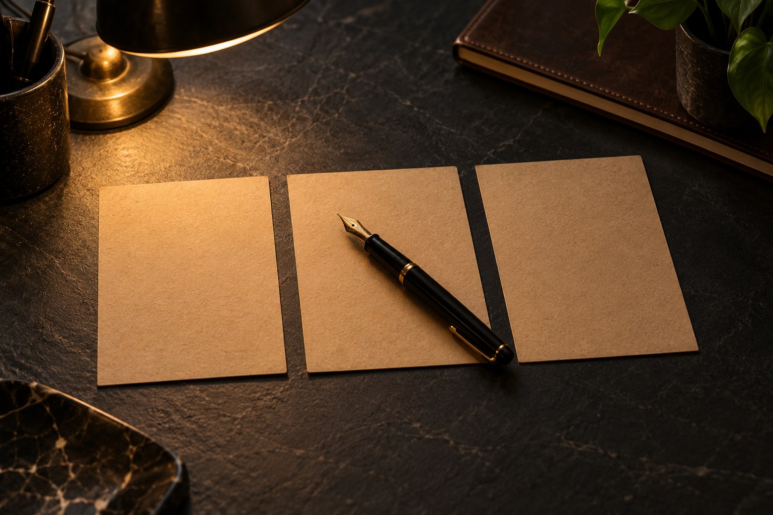 Three blank decision cards laid left to right on a desk with a pen resting on the middle card
