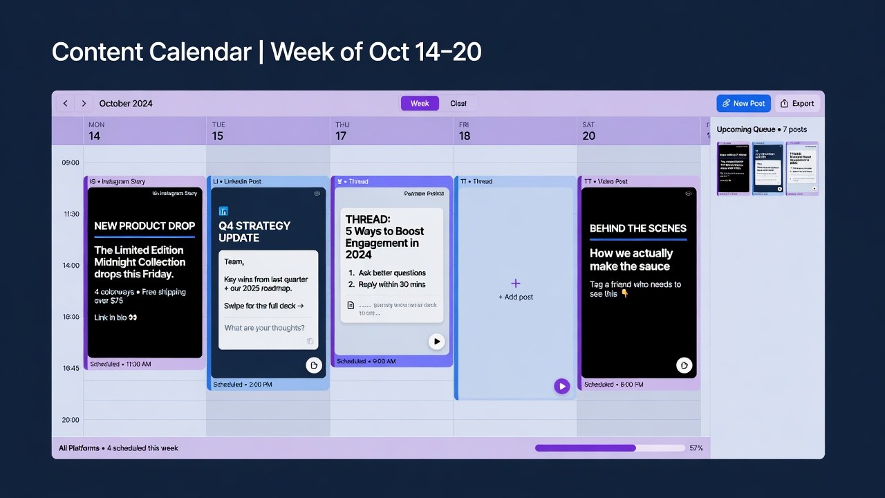 Weekly scheduling calendar showing formatted Threads posts with bold headers and clean structure
