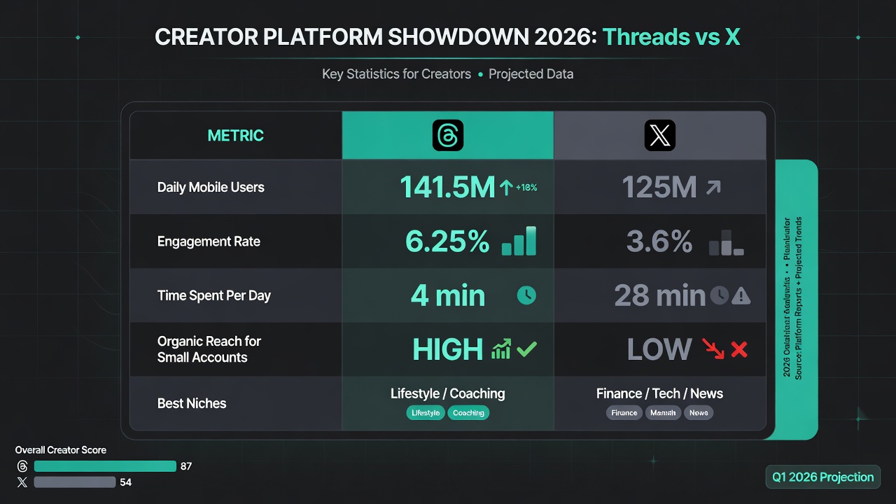 Threads vs X creator statistics table with daily users, engagement, and niche fit