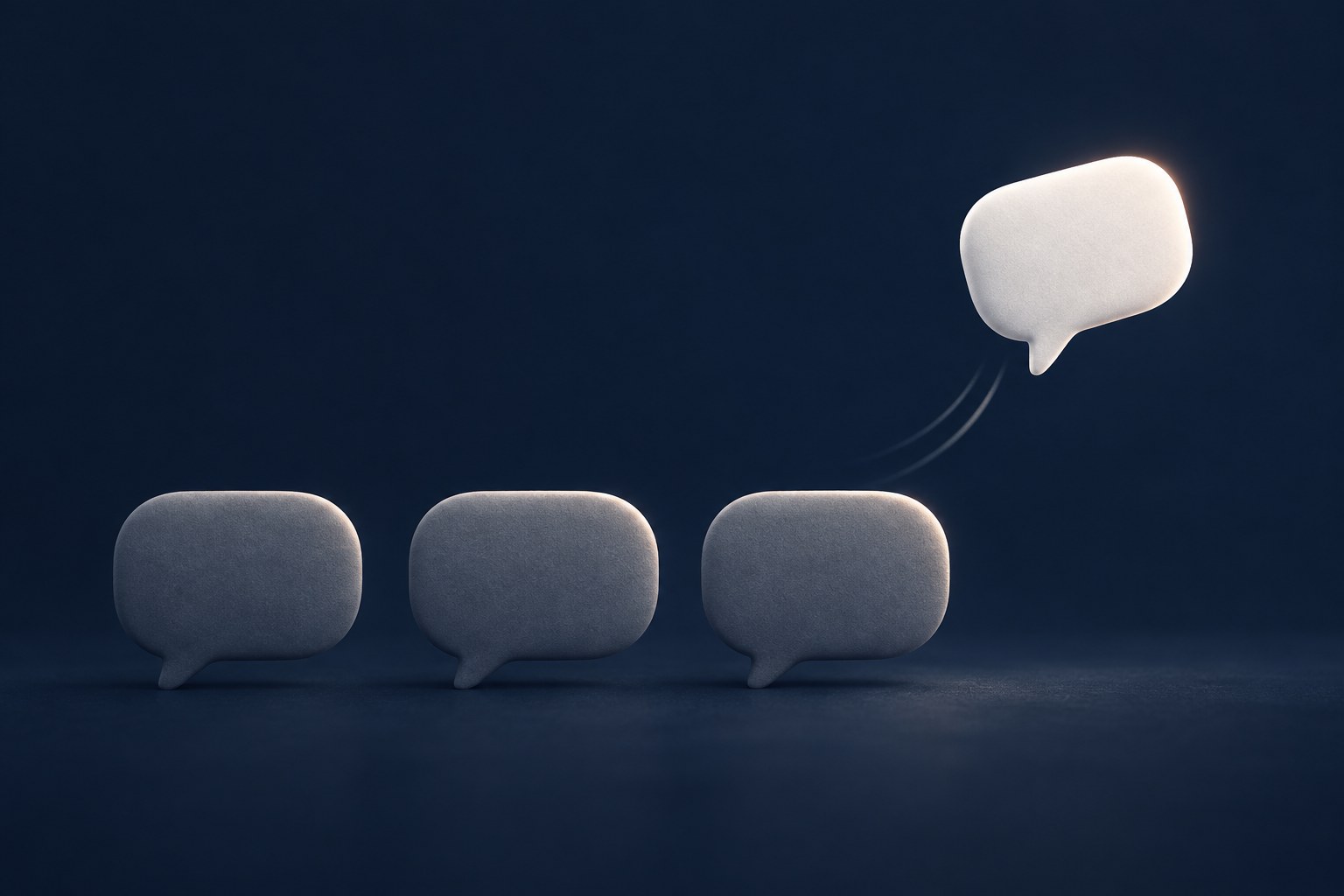Editorial illustration of a single speech bubble being pulled back from a conversation on a dark navy background