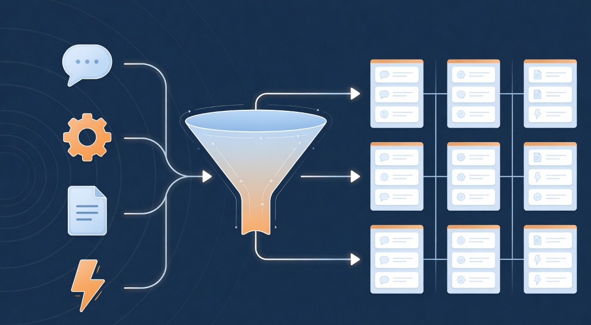 A four-stage workflow diagram showing sources flowing into capture, then organization, then published posts