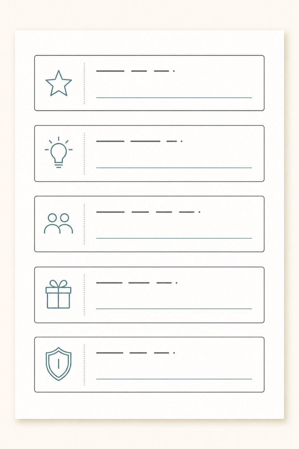 A five-field identity canvas template with labeled fields for expertise, perspective, audience, promise, and boundaries