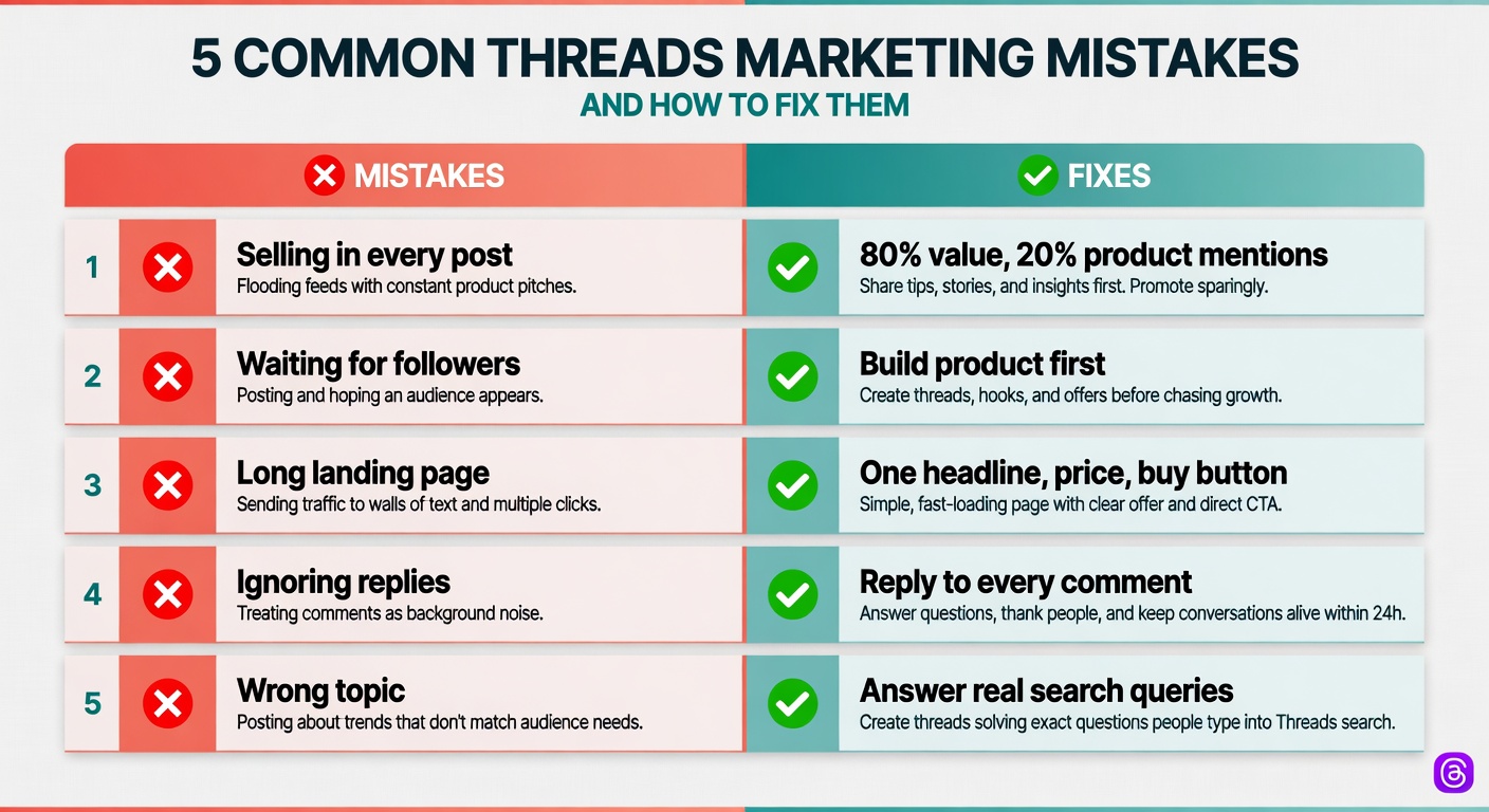 Side by side table of five common Threads marketing mistakes and their corresponding fixes