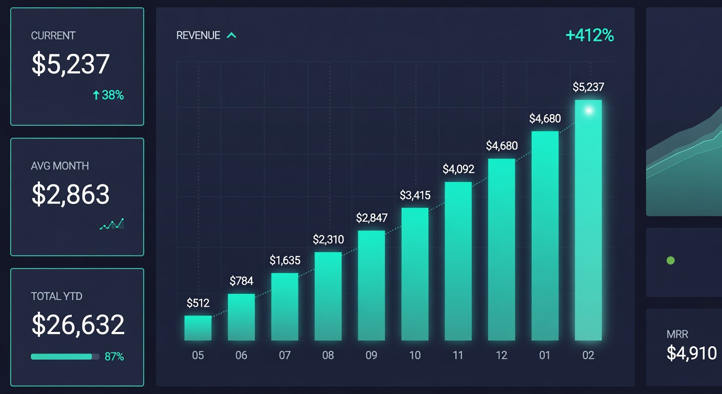 Revenue growth dashboard showing faceless digital product earnings over time