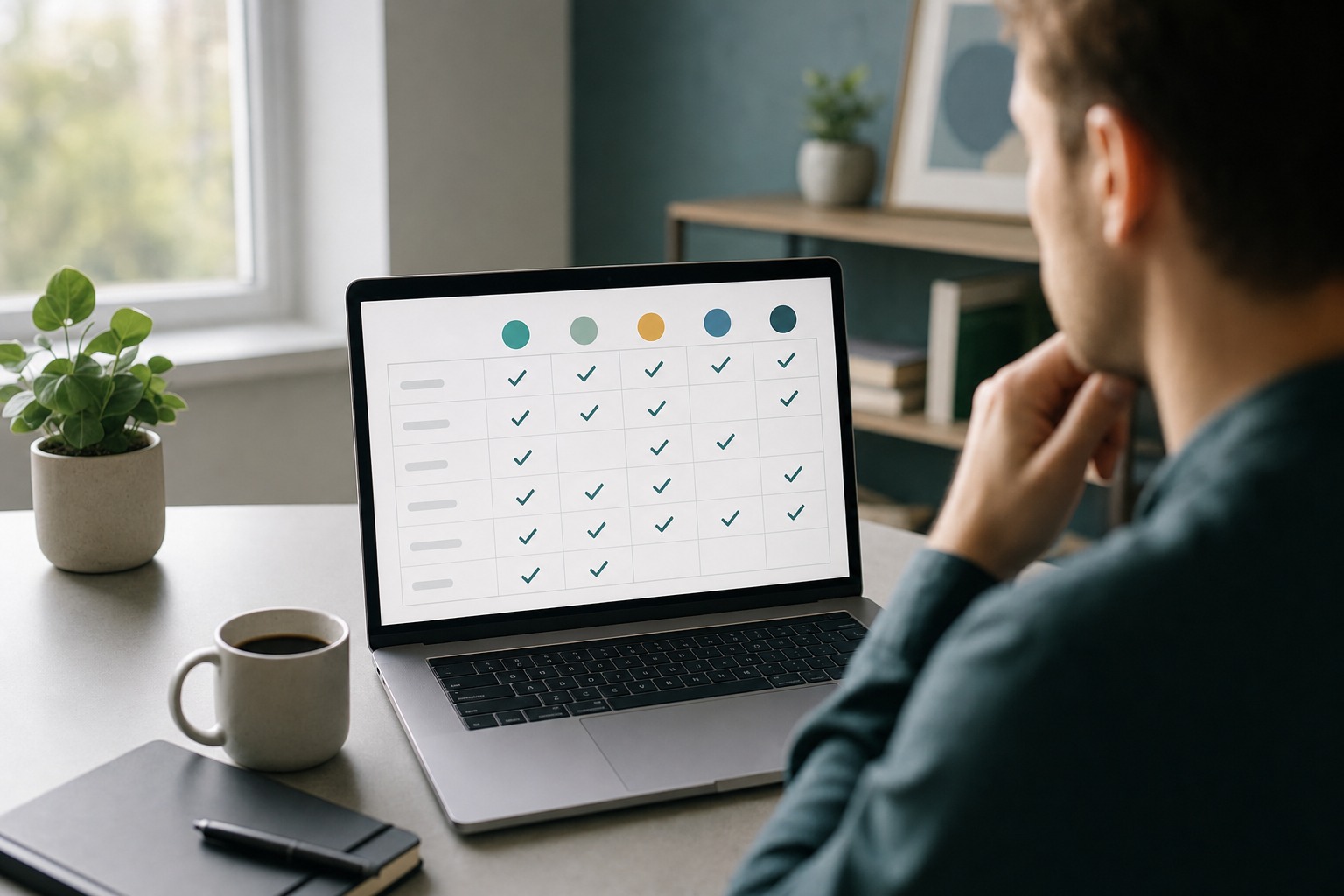A creator comparing social media scheduler options on a laptop with evaluation criteria visible