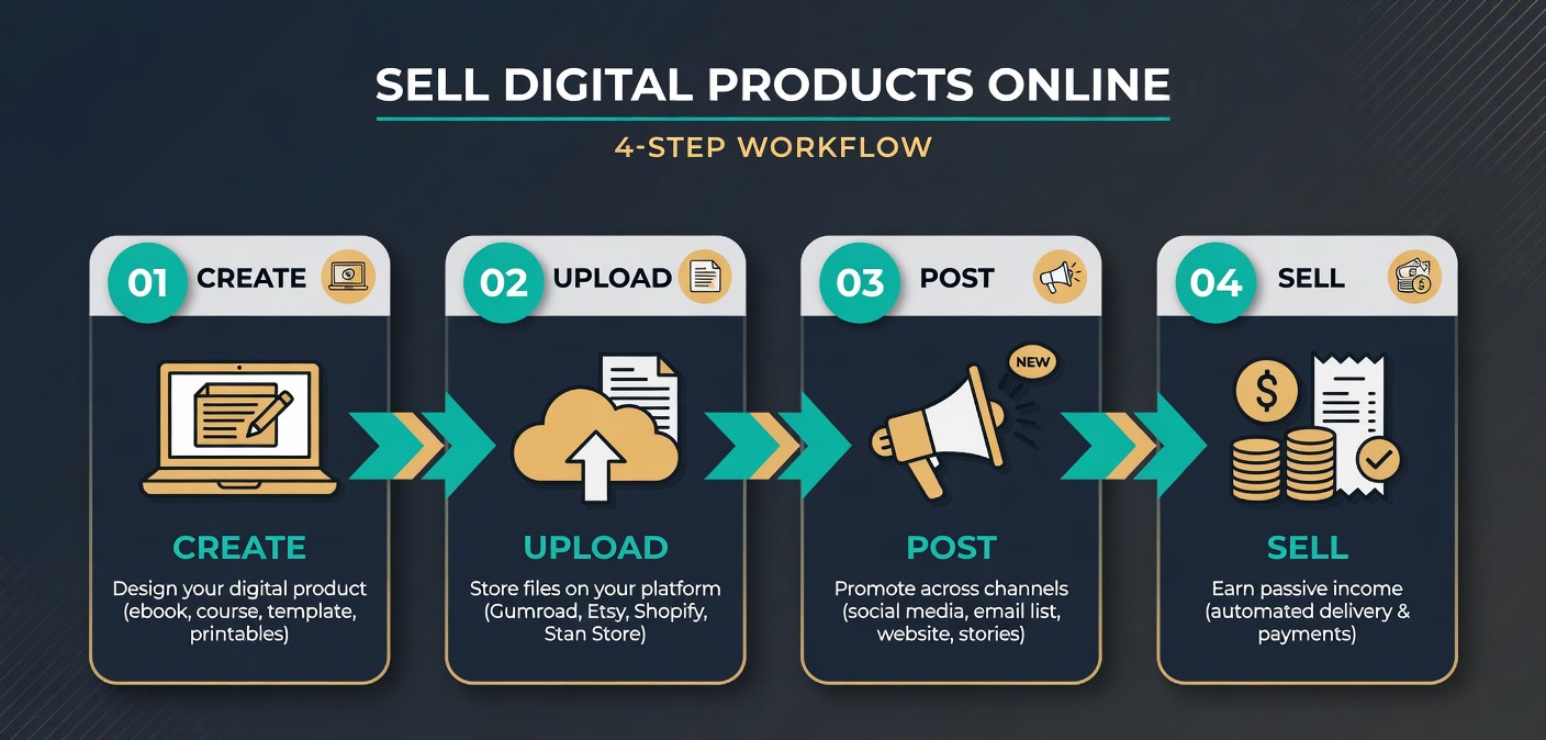Four-step workflow diagram for creating and selling digital products online from creation to revenue