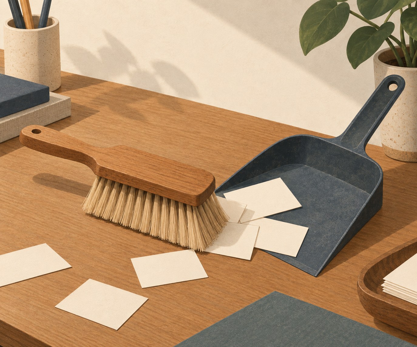 A hand broom sweeping small paper squares off a desk into a neat drawer, warm editorial illustration
