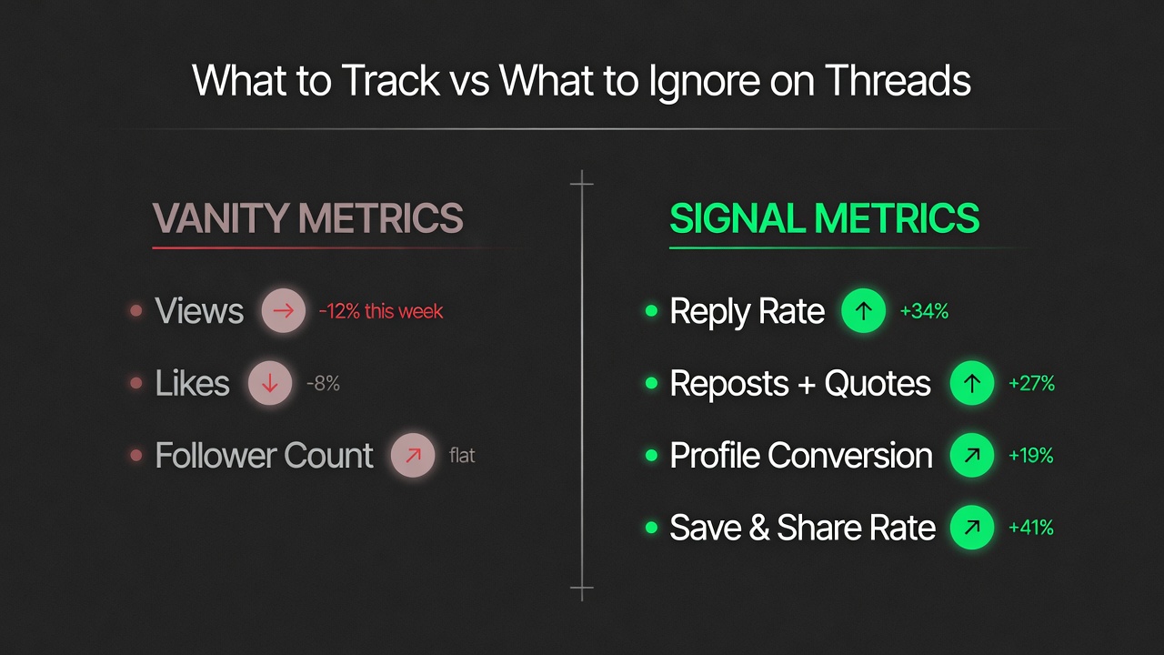 Comparison table of vanity metrics versus signal metrics on Threads in 2026.