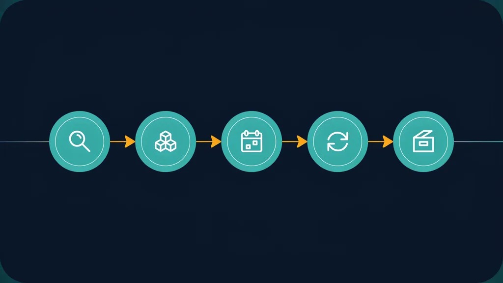 Five-stage evergreen content lifecycle from identify to retire with arrows connecting each stage