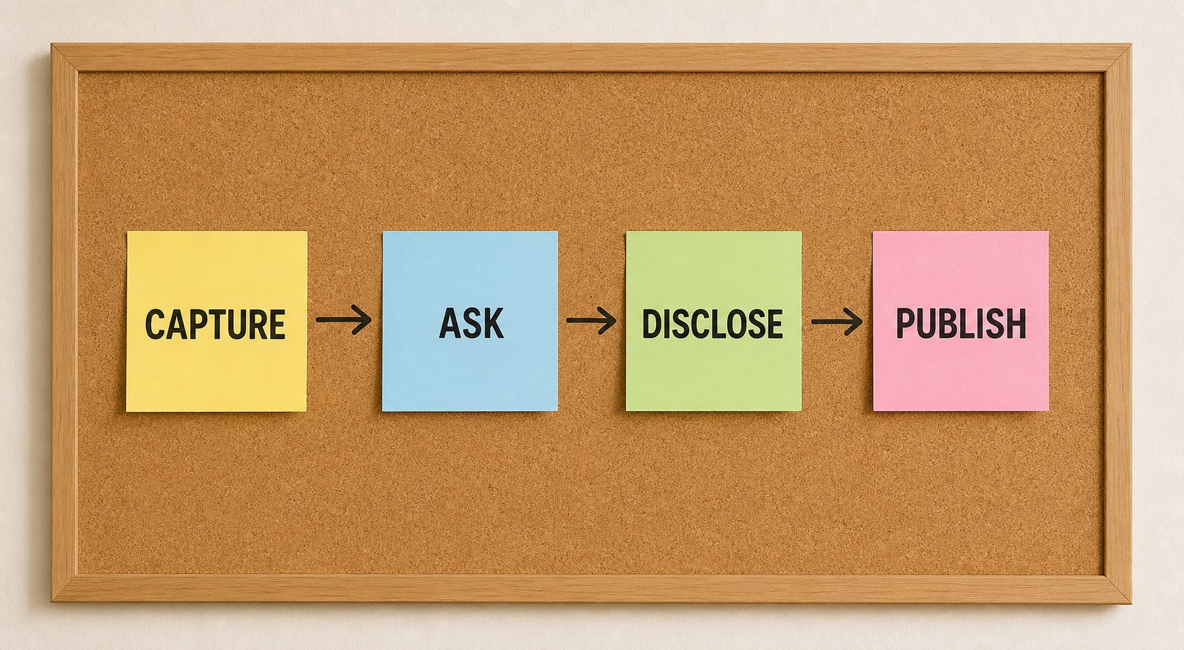 Four labeled sticky notes on a corkboard showing Capture, Ask Permission, Disclose, and Publish as a step sequence