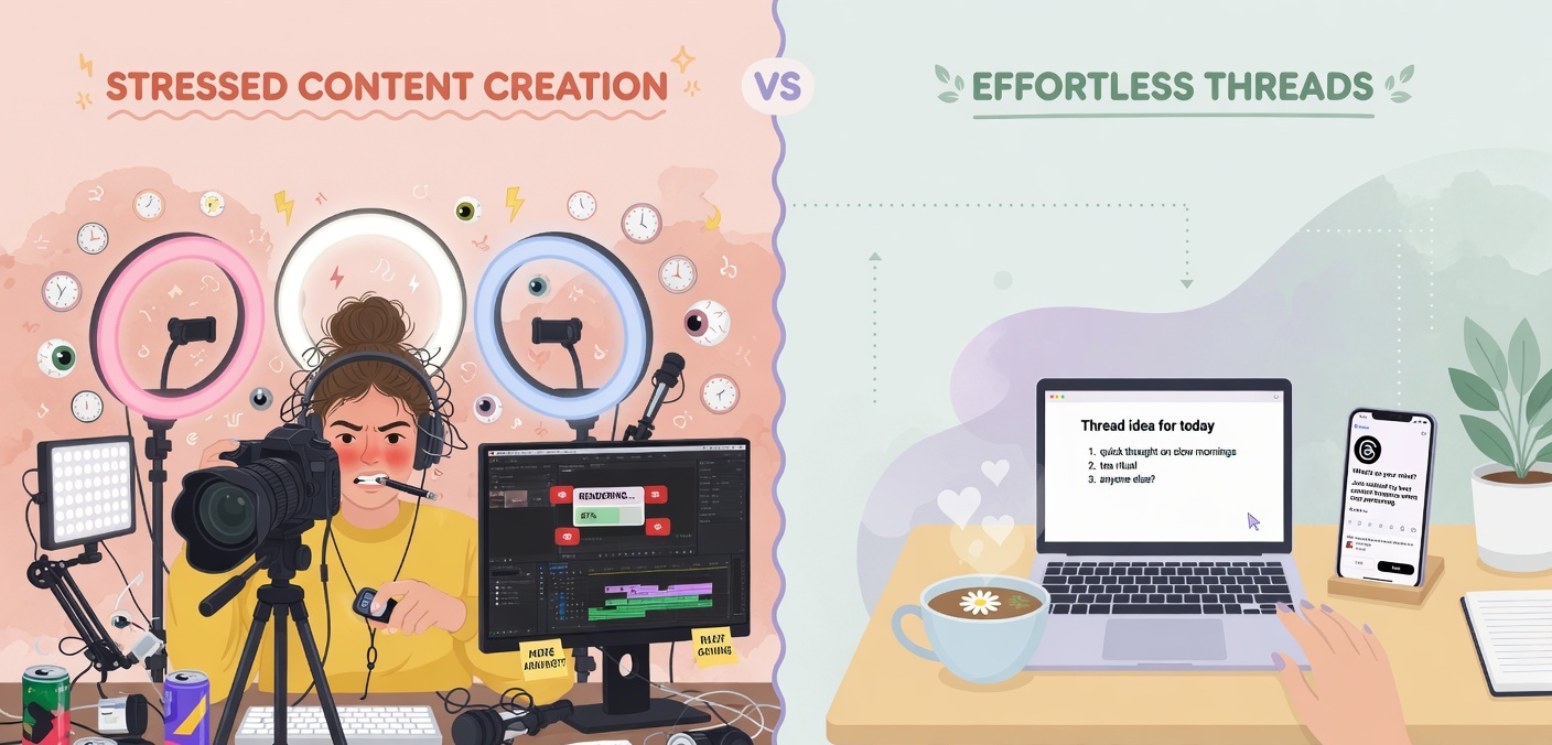 Split comparison of a cluttered video setup versus a minimalist faceless text creator desk setup