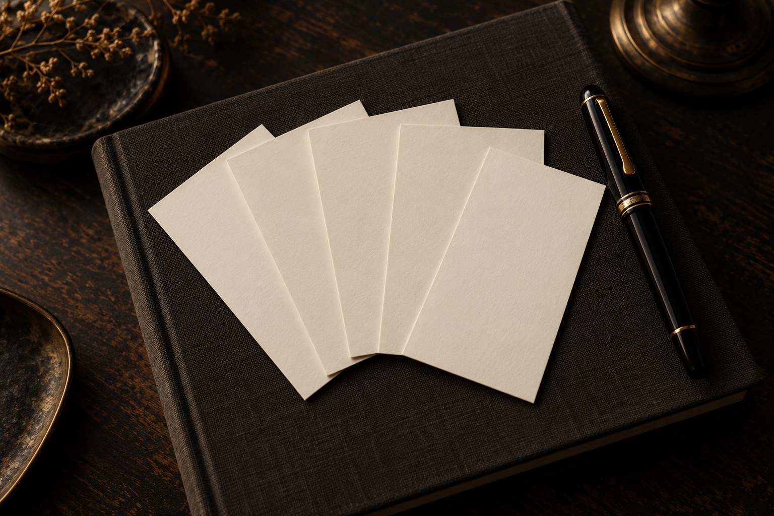 An empty five-slot template card fan spread on a dark notebook next to a closed fountain pen
