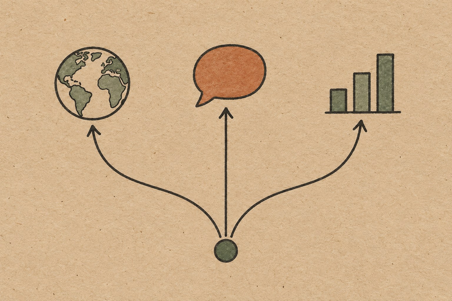 A hand-drawn decision map with three branching paths for choosing a listening tool by the source you need to watch