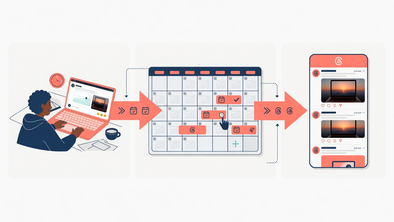 Visual workflow showing the process from content creation to calendar scheduling to Threads publishing