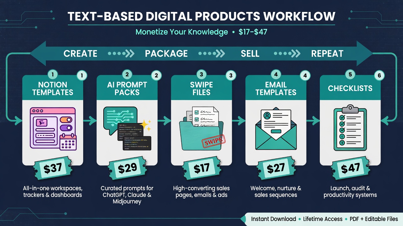 Five text-based digital product types with pricing from $17 to $47 in a horizontal workflow