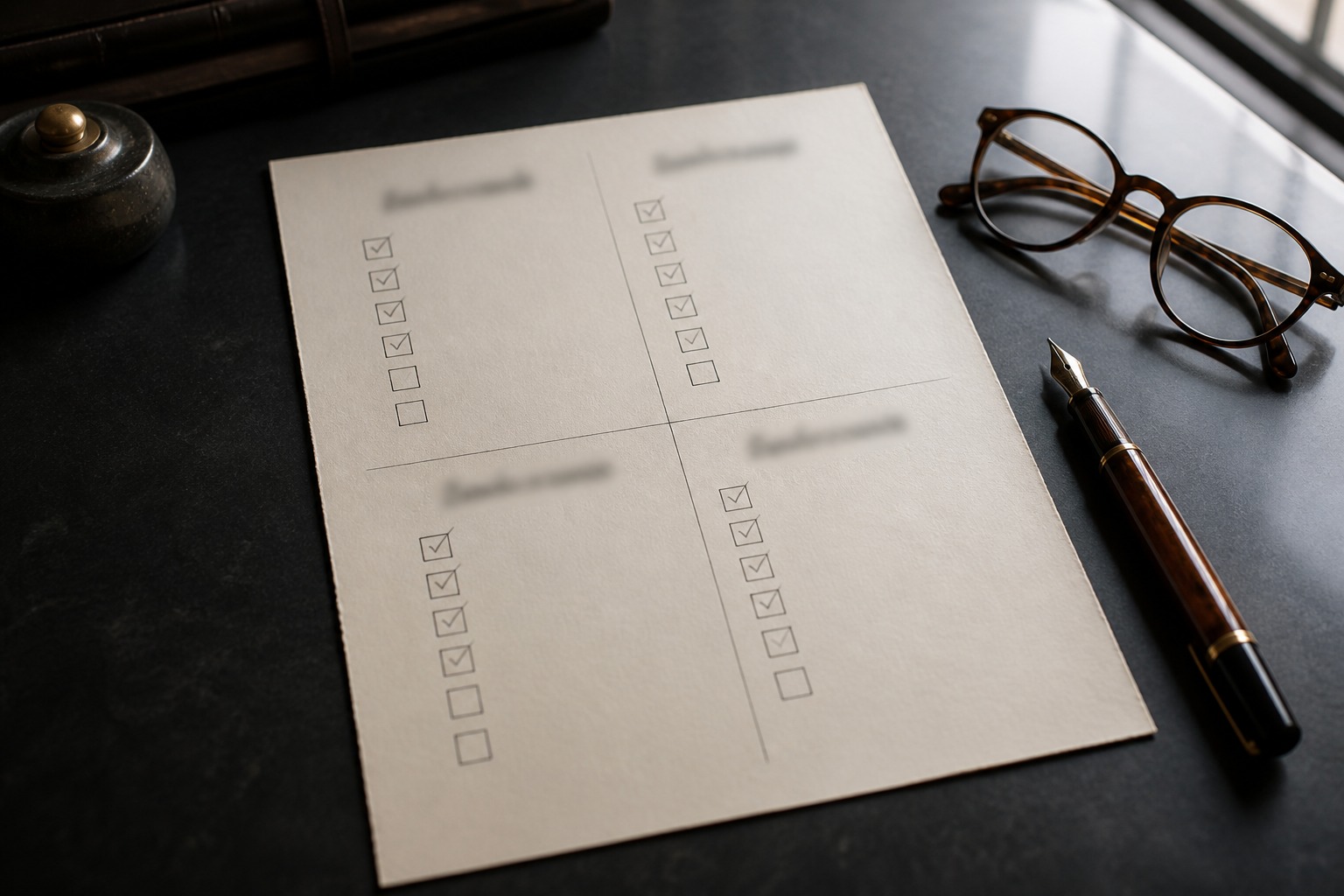 A worksheet with four labeled quadrants and checkmark boxes, resting on a dark desk with a pen