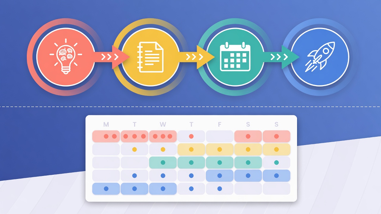 Four step weekly batch workflow diagram with brainstorm document calendar and rocket icons plus a weekly post schedule visualization