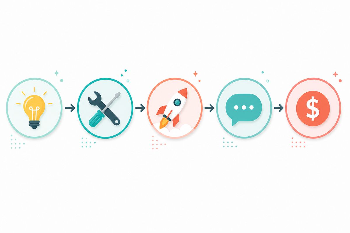Five-step workflow diagram showing the process from idea to selling Notion templates online