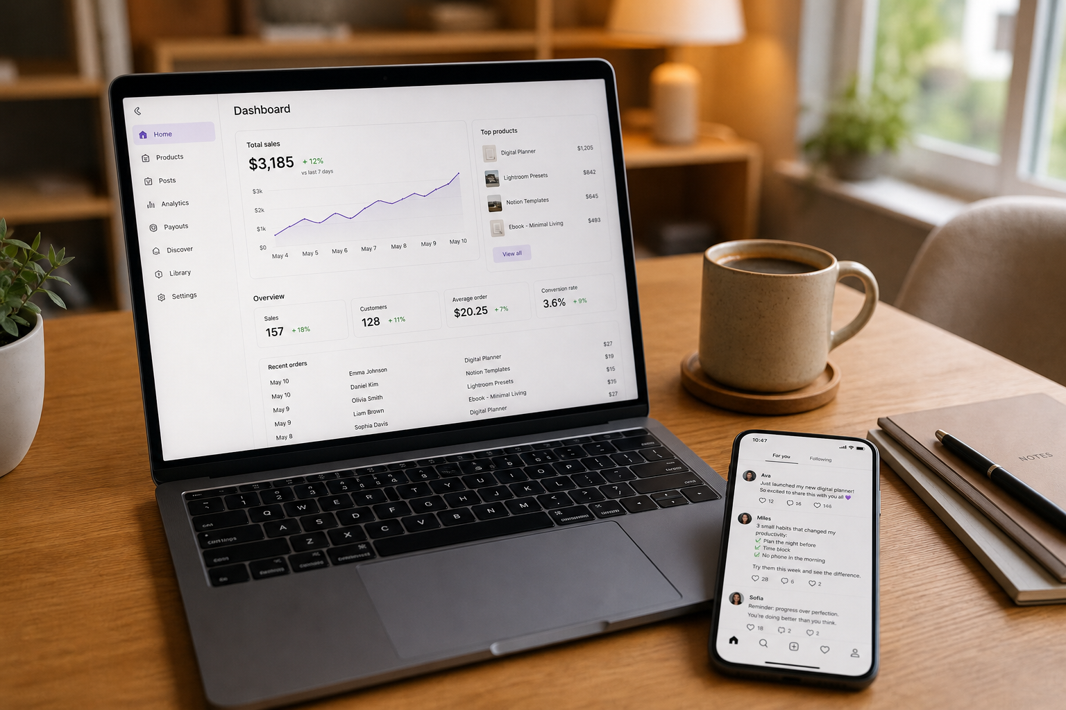 Clean desk with laptop showing Gumroad sales dashboard for selling digital products without followers