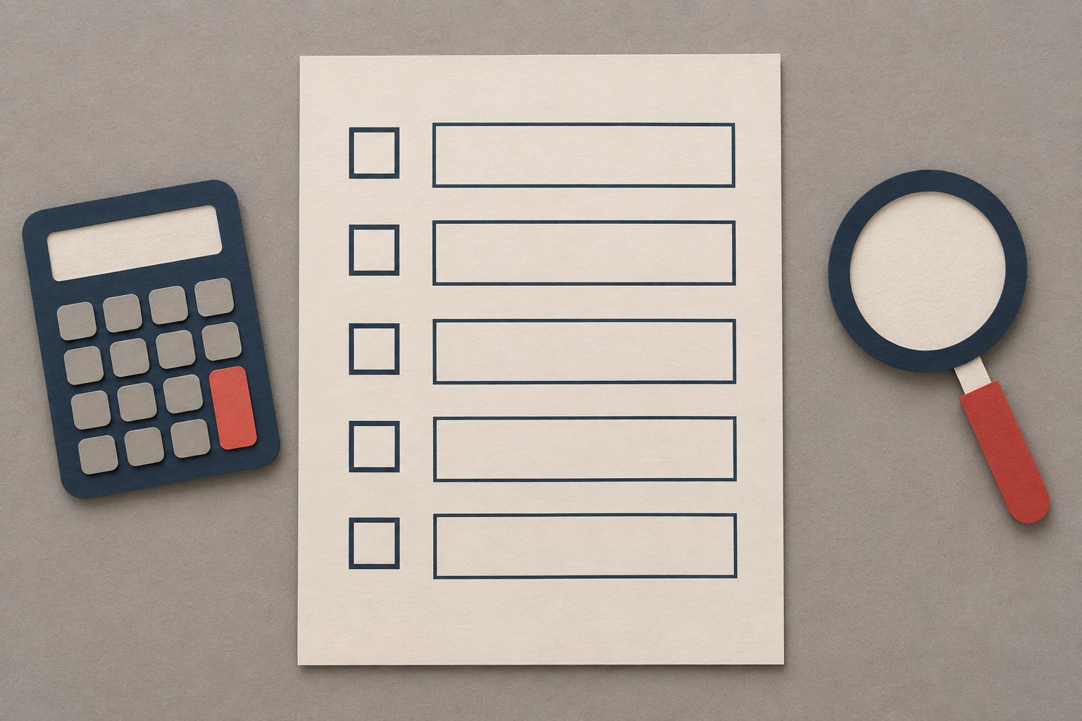 A handwritten audit summary sheet beside a calculator and a magnifying glass, verdict boxes left blank